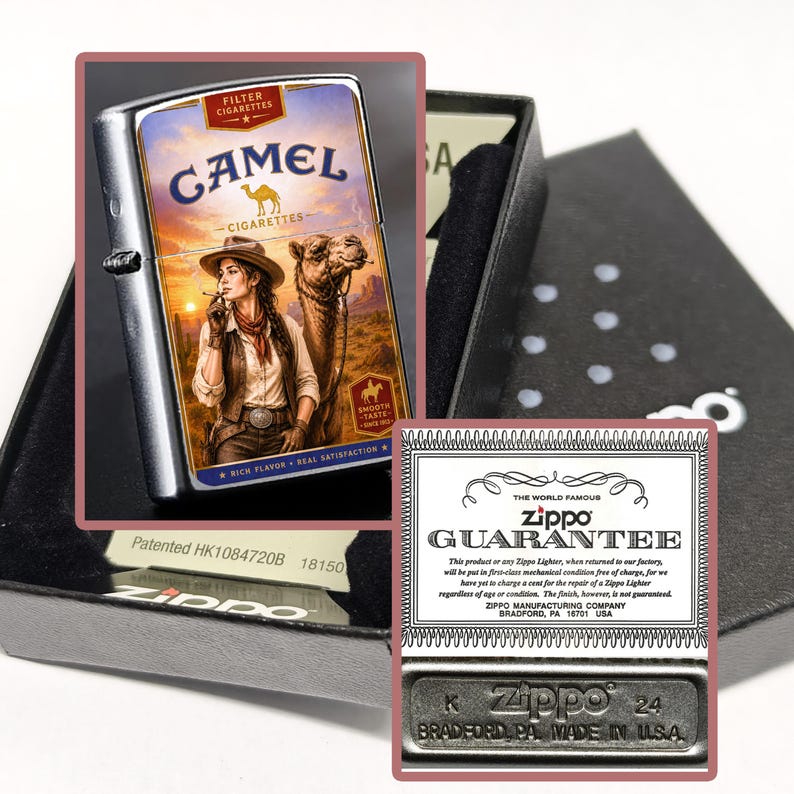 May include: A silver Zippo lighter with a Camel Cigarettes graphic featuring a woman, a camel, and a desert scene. The lighter is in a black box with a guarantee card and a base with the text "Zippo, Bradford, PA, Made in USA."