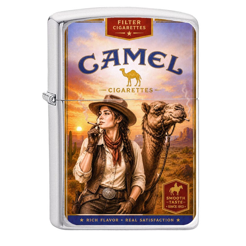 May include: A silver-colored lighter with a desert scene featuring a woman in a cowboy hat smoking a cigarette, a camel, and the text "CAMEL CIGARETTES". The lighter has the words "FILTER CIGARETTES", "SMOOTH - TASTE - SINCE 1913", "RICH FLAVOR REAL SATISFACTION".