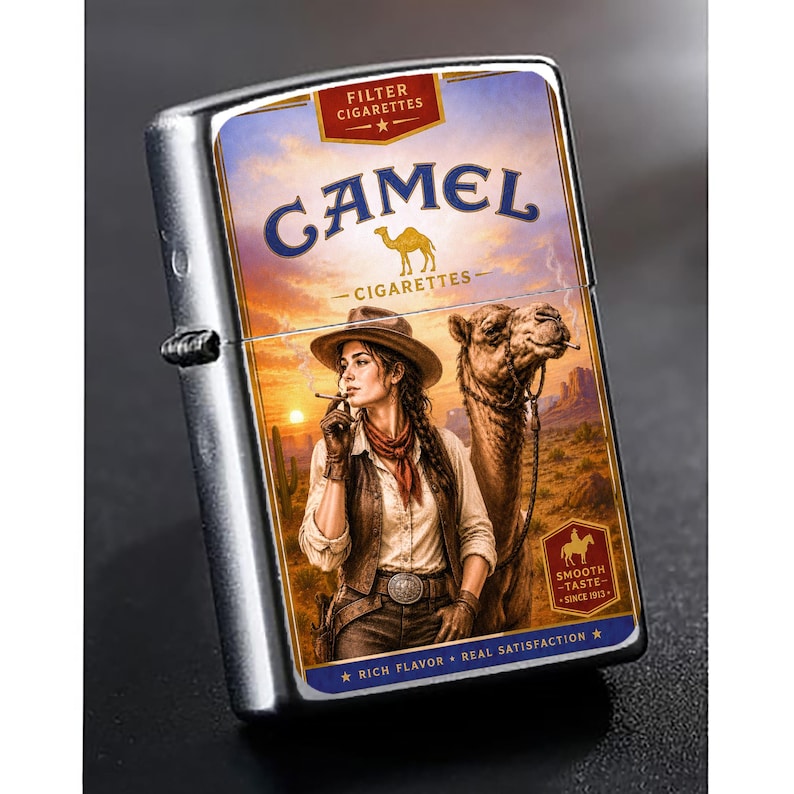 May include: A silver metal lighter with a colorful graphic featuring the Camel Cigarettes logo, a woman in a cowboy hat, and a camel in a desert landscape. The lighter has the words "FILTER CIGARETTES", "SMOOTH TASTE SINCE 1913", "RICH FLAVOR REAL SATISFACTION".