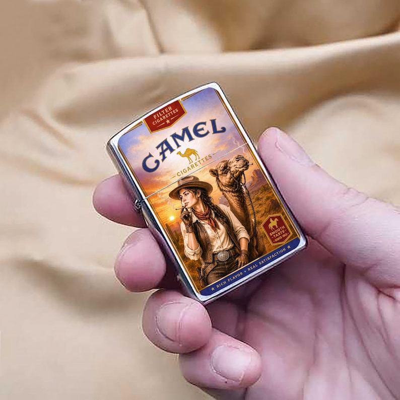 May include: A silver metal lighter with a Camel Cigarettes graphic. The graphic features a woman in a cowboy hat with a camel and the text "Camel Cigarettes". The lighter has a rectangular shape.