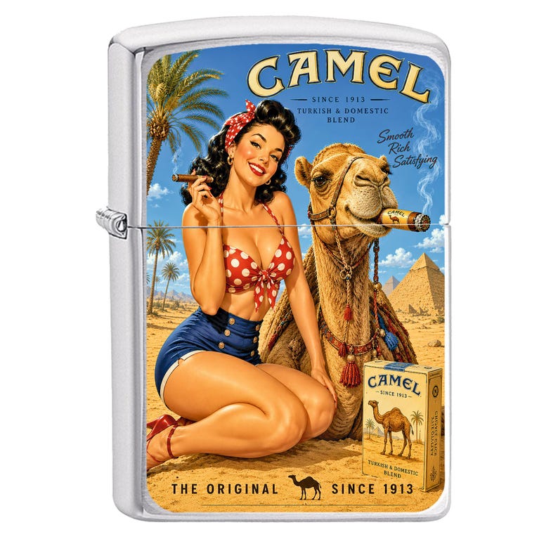 May include: A silver metal lighter featuring a vintage advertisement. The image depicts a woman in a polka dot bikini and shorts, a camel, and a pack of Camel cigarettes. Text includes "CAMEL" and "SINCE 1913".