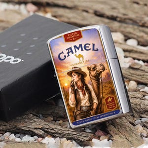 May include: A silver Zippo lighter with a Camel Cigarettes design. The artwork features a woman in a cowboy hat with a camel in a desert landscape. The lighter is next to a black Zippo box.