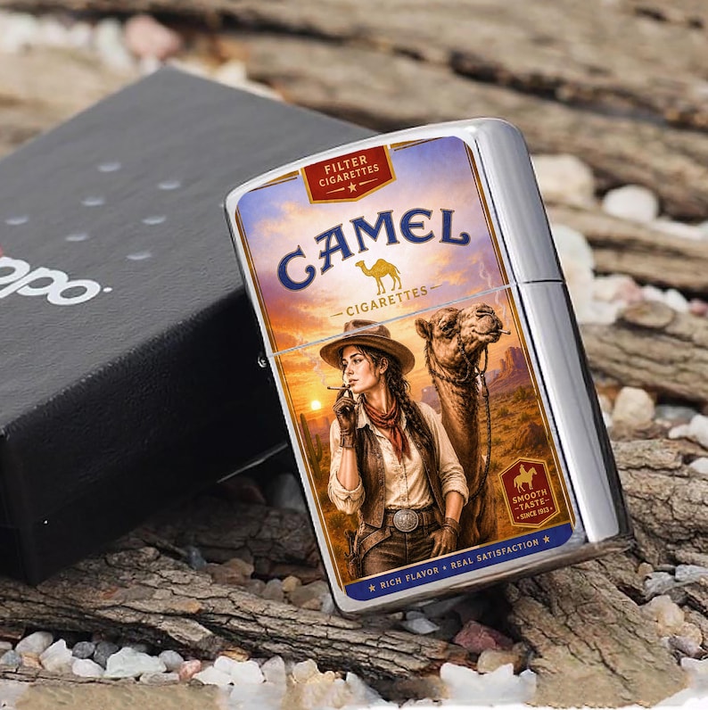 May include: A silver Zippo lighter with a Camel Cigarettes design. The artwork features a woman in a cowboy hat with a camel in a desert landscape. The lighter is next to a black Zippo box.