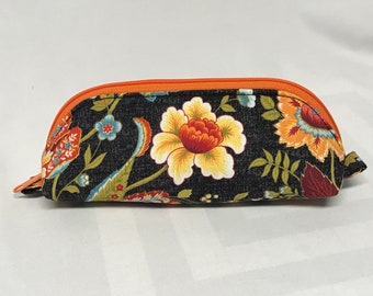 Zipper Pouch / Handmade / Pencil Pouch / Gray and Orange Floral