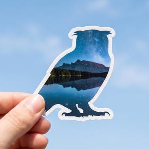 Puede incluir: Una pegatina troquelada con forma de silueta de búho que presenta una imagen impresa de un cielo nocturno con una galaxia estrellada, picos de montañas oscuras y la superficie de un lago reflectante. Tiene un borde blanco sobre cielo azul.