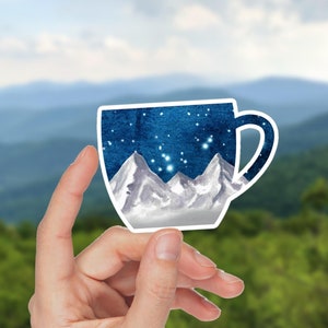 Sticker tasse à café pour aventurier, Sticker montagne, ciel étoilé, Sticker tasse à café pour thermos, Sticker tasse à café, bouteille d'eau