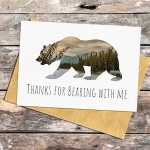 Carte de remerciement ours pour amoureux de la nature, carte de jeu de mots drôle d'ours pour dire merci, carte de gratitude pour un ami, cadeau sur le thème de l'ours