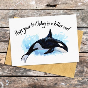 Tarjeta de felicitación de cumpleaños con temática de orca, tarjeta de cumpleaños con temática oceánica para amantes de las orcas, tarjeta de cumpleaños de orca con sobre Kraft