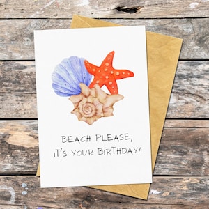 Carte d'anniversaire coquillage pour amoureux de la plage, carte de voeux étoile de mer pour anniversaire, jeu de mots coquillage drôle pour Beach Bum, carte d'anniversaire sur le thème de l'océan