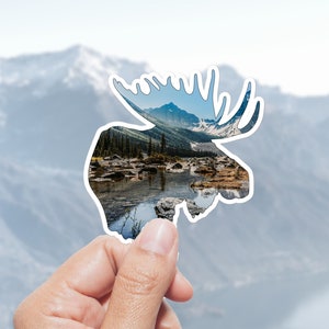 Sticker tête d'orignal, Sticker montagne pour randonneur, Sticker élan du parc national Banff, Sticker nature pour bouteille d'eau, cadeau pour amoureux de la nature