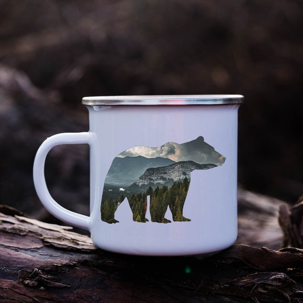 Rocky Mountain Bear Campfire Mug, 12 oz Enamel Camping Mug, Nature Mug for Outdoors, Bear Gift for Him, Nature Lover Birthday Present