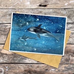 Carte de voeux orque, ciel étoilé, carte d'anniversaire orque, maman et bébé, carte de baby shower, océan et étoiles, cadeau pour bébé