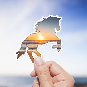 Sticker cheval pour ordinateur portable, sticker d'extérieur pour gobelet, sticker équin avec coucher de soleil sur la plage, cadeau pour sports équestres, cadeau d'anniversaire de fille de cheval