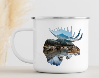 Moose Head Enamel Mug for Fathers Day Gift, Moose Campfire Mug, Mountain Coffee Mug, Mountain Moose Birthday Present, Gift for Nature Lover
