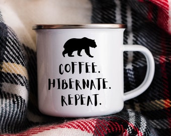 Bear Enamel Mug, Coffee Hibernate Repeat, Campfire Mug with Funny Quote, Camping and Hiking Gift for Coffee Lover, Bear Birthday Gift