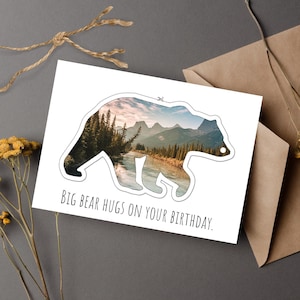Carte d'anniversaire ours pour amoureux de la nature, carte de voeux montagne pour cadeau d'anniversaire, marque-page montagne pour amoureux des livres, cadeau nature unique Odea