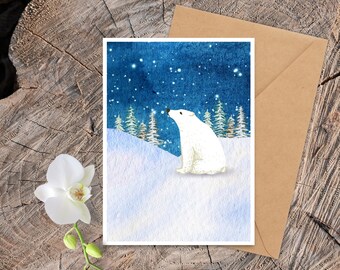 5 x 7 Polar Bear Card, Pine Tree Forest Card, Starry Night Sky, Animal Greeting Card, Eco Friendly Stationery, Recycled Paper