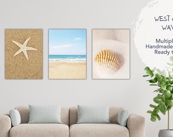 Set of 3 Beach Canvas Wall Art, Seashell Pictures for Bedroom, Ocean Wall Art Artwork for Living Room, Three Piece Canvas Pictures