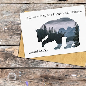 Je t'aime à la montagne et carte arrière pour la fête des pères, carte de voeux ours pour maman, carte pour un être cher, carte d'anniversaire sur le thème de la nature