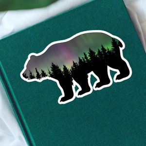 Northern Lights Bear Sticker, Pine Tree Forest for Nature Lover, Outdoor Decal, Wilderness Sticker Gift for Her, Bear Birthday Gift