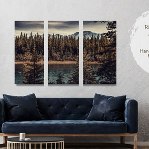 Set of 3 Pine Tree Wall Art for Cottage, Mountain Landscape Print, Split Panel Canvas Picture, Rocky Mountains Artwork, Rustic Home Decor