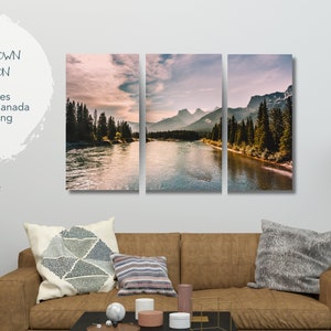 Set of 3 Canadian Rockies Wall Art for Rustic Cottage, Mountain Canvas Print for Dining Room, Rocky Mountains Picture, Split Panel Artwork