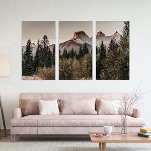 Set of 3 Mountains Wall Art for Rustic Cabin, Split Panel Canvas Print for Living Room, Wilderness Home Decor, Picture of Rocky Mountains image 2