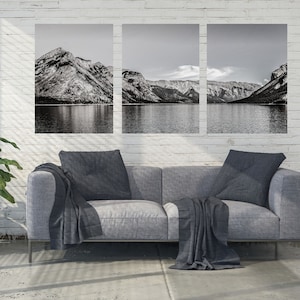 Set of 3 Lake Minnewanka Canvas Wall Art for Rustic Cottage, Banff National Park Picture, Split Panel Mountain Canvas, Artwork for Hallway