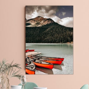 Canoe Canvas Wall Art for Cottage, Banff National Park Picture, Mountain Artwork Lake Louise Canvas Print, Wilderness Art for Living Room