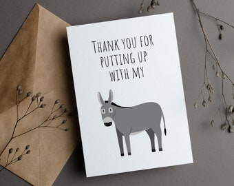 Thank You Card for Mothers Day, Thank You for Putting Up with My Ass, Donkey Greeting Card to Show Appreciation, Show Gratitude Card