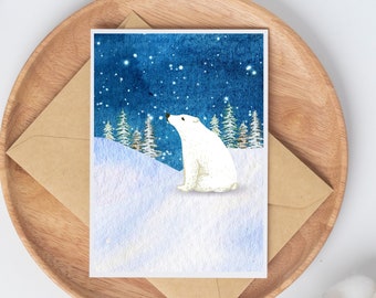Polar Bear Greeting Card, Cute Bear Card, Pine Tree Forest Card, Starry Night Sky, Any Occasion Card, Blank on Inside, Happy Birthday Card
