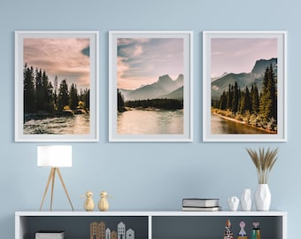 Set of 3 Mountain Prints, Canadian Rockies Landscape Print, Split Panel Art, Birthday Gift for Nature Lover, Rustic Gift for Mothers Day