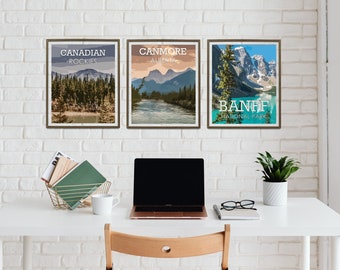 Set of 3 National Park Prints, Vintage Style Posters Set of Three, Canmore Alberta, Canadian Rockies, Banff National Park, Gift for Traveler