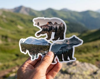 Mountain Animals Sticker Set, Banff National Park Waterproof Vinyl Stickers, Bear Decals for Car, Laptop Accessories for Nature Lover Gift