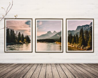 Rocky Mountains Photography Print Set of 3, Mountain Wall Art Set of Three, Landscape Picture Set, Canadian Rockies Photo, Split Panel Print