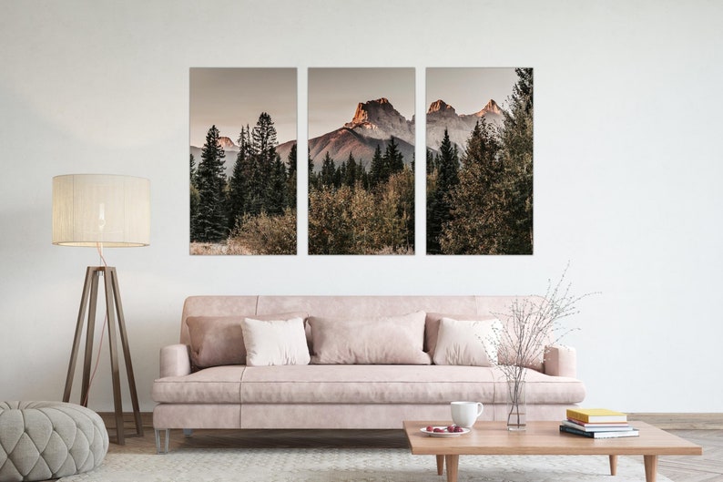 Set of 3 Mountains Wall Art for Rustic Cabin, Split Panel Canvas Print for Living Room, Wilderness Home Decor, Picture of Rocky Mountains image 2