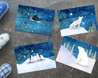 Set of 4 Arctic Animals Postcards, Ocean Animal Postcards, Cute Animals Postcards, Send a Greeting, Eco Friendly Material, Mothers Day Gift