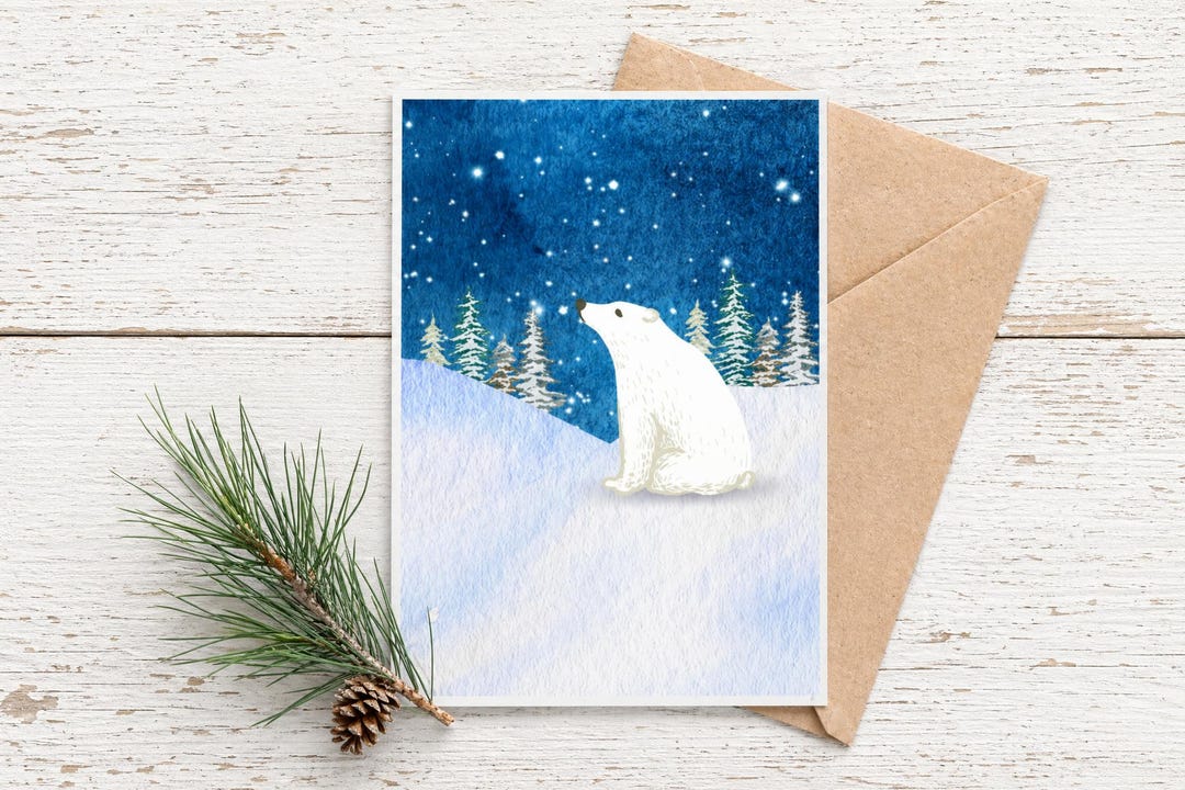 Polar Bear Greeting Card, Winter Holiday Card, Arctic Animal Note Card ...