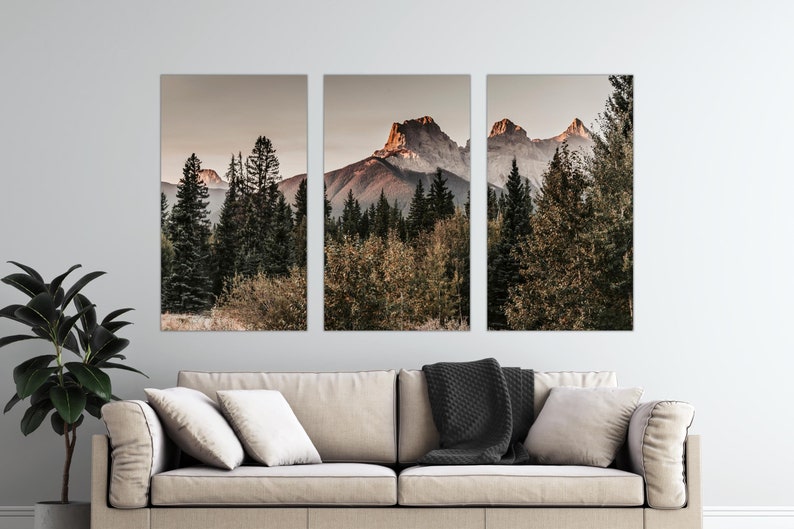 Set of 3 Mountains Wall Art for Rustic Cabin, Split Panel Canvas Print for Living Room, Wilderness Home Decor, Picture of Rocky Mountains image 4