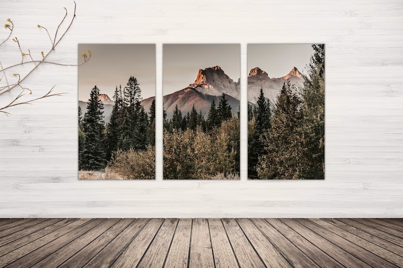 Set of 3 Mountains Wall Art for Rustic Cabin, Split Panel Canvas Print for Living Room, Wilderness Home Decor, Picture of Rocky Mountains image 3