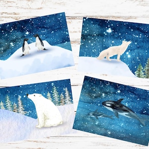Lot de 4 cartes postales d'animaux de l'Arctique, cartes postales d'animaux de l'océan, cartes postales d'animaux mignons, envoyer un message, matériau respectueux de l'environnement, cartes de Noël
