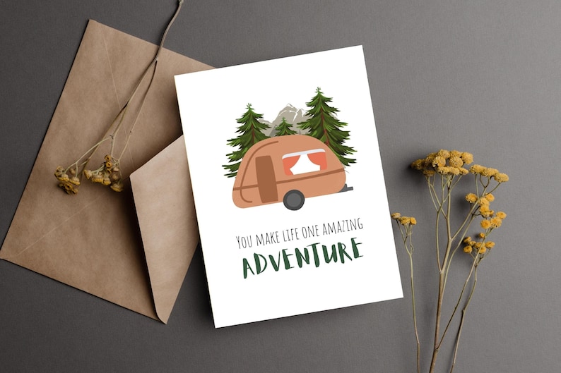 Adventure Greeting Card for Anniversary, Happy Camper Birthday Card, Wilderness Theme Card for Spouse, I Love You Card for Husband image 1