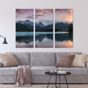 Mountain Sunset Canvas Wall Art Set of 3 for Bedroom, Rocky Mountains Picture Split Panel Artwork, Set of Three Canadian Rockies Wall Art