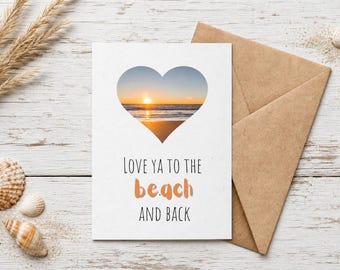 Tarjeta "Te amo hasta la playa y de vuelta", tarjeta de felicitación con puesta de sol, tarjeta de amor con temática playera, para regalo de aniversario, papelería costera, papel reciclado.