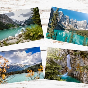 Set di 4 cartoline del Parco Nazionale di Banff, set di cartoline di montagna, lago Moraine, Johnston Canyon, lago Louise, regalo per gli amanti della natura