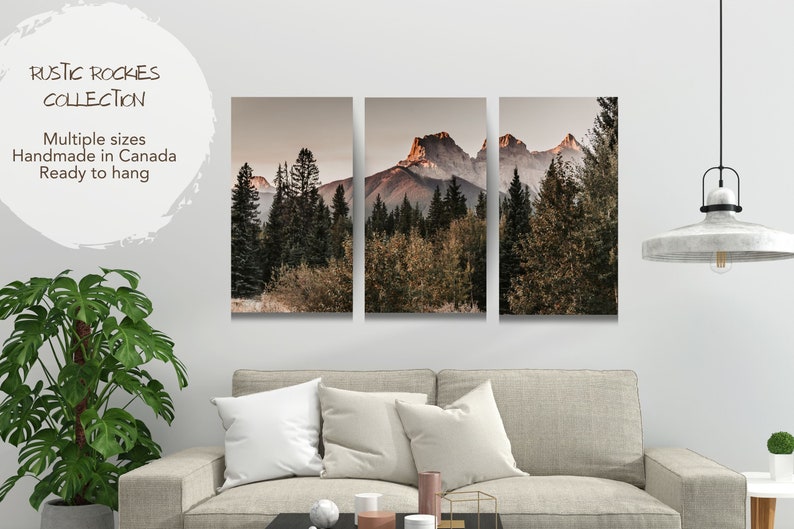 Set of 3 Mountains Wall Art for Rustic Cabin, Split Panel Canvas Print for Living Room, Wilderness Home Decor, Picture of Rocky Mountains image 1