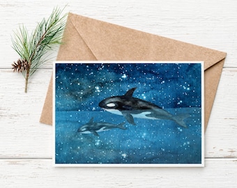 Killer Whale Greeting Card, Orca Note Card, Blank Inside, Ocean Animal Stationery, Watercolor Wildlife Card, Marine Life Art Card