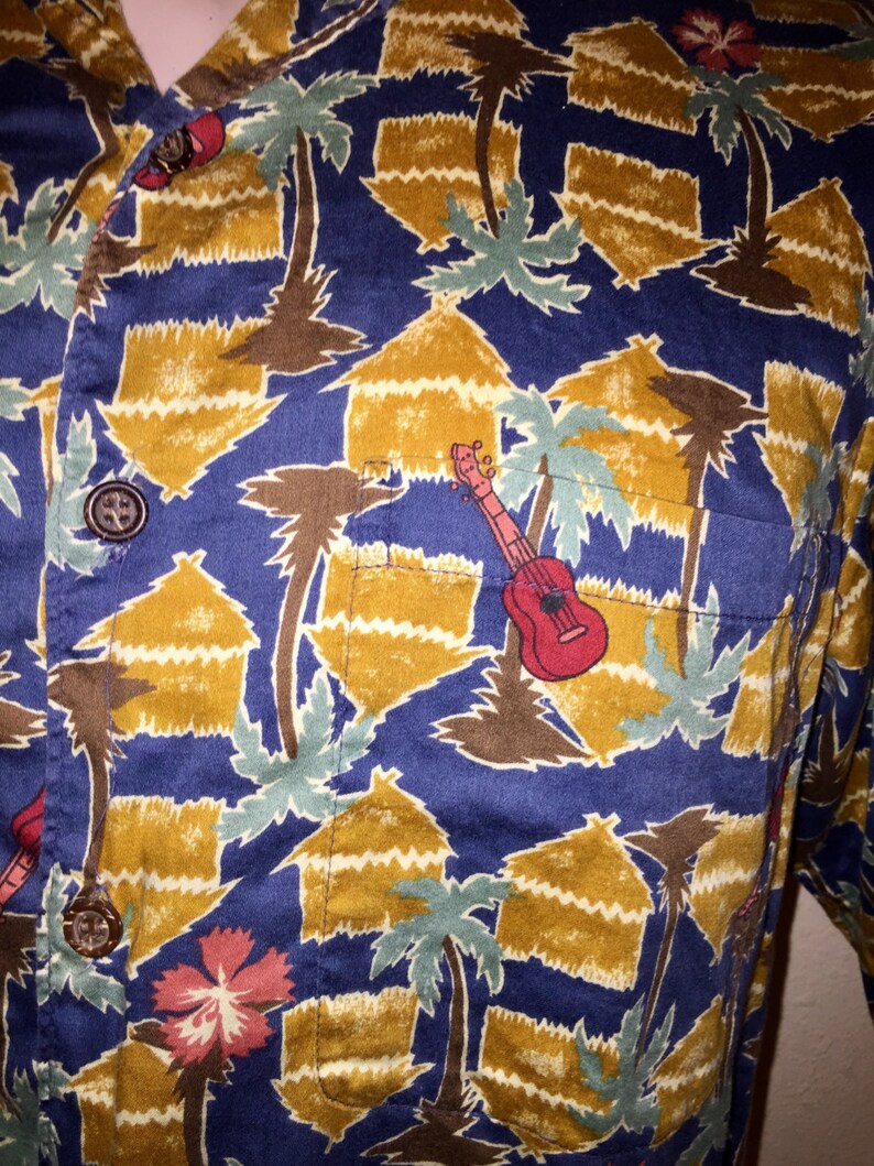 Vintage REYN SPOONER Hawaiian Ukelele Hut Palm Print Egyptian Cotton Shirt Sz M