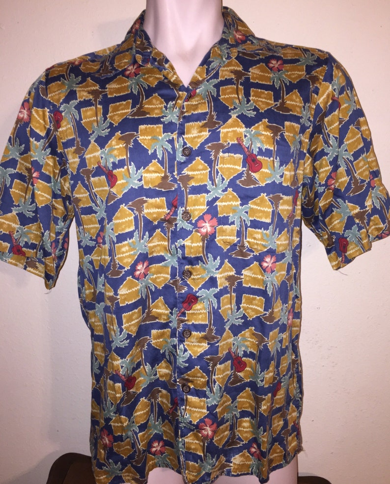 Vintage REYN SPOONER Hawaiian Ukelele Hut Palm Print Egyptian Cotton Shirt Sz M