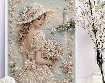 Zestaw do malowania diamentami SEASIDE PEARL LADY 11,8" x 15,7" Wiertło częściowe Nowy